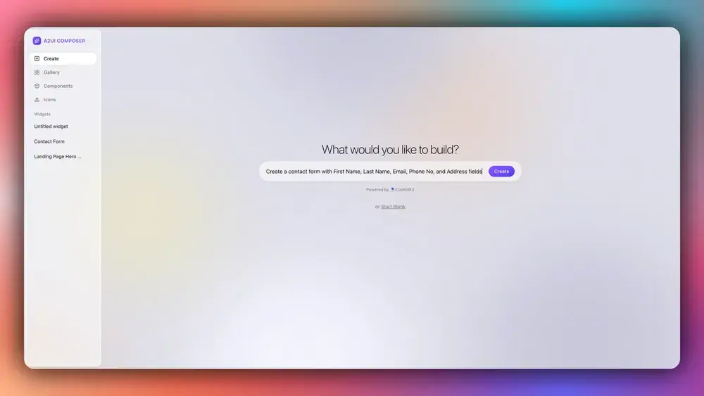 A2UI Composer workspace with a source prompt panel beside the generated component preview